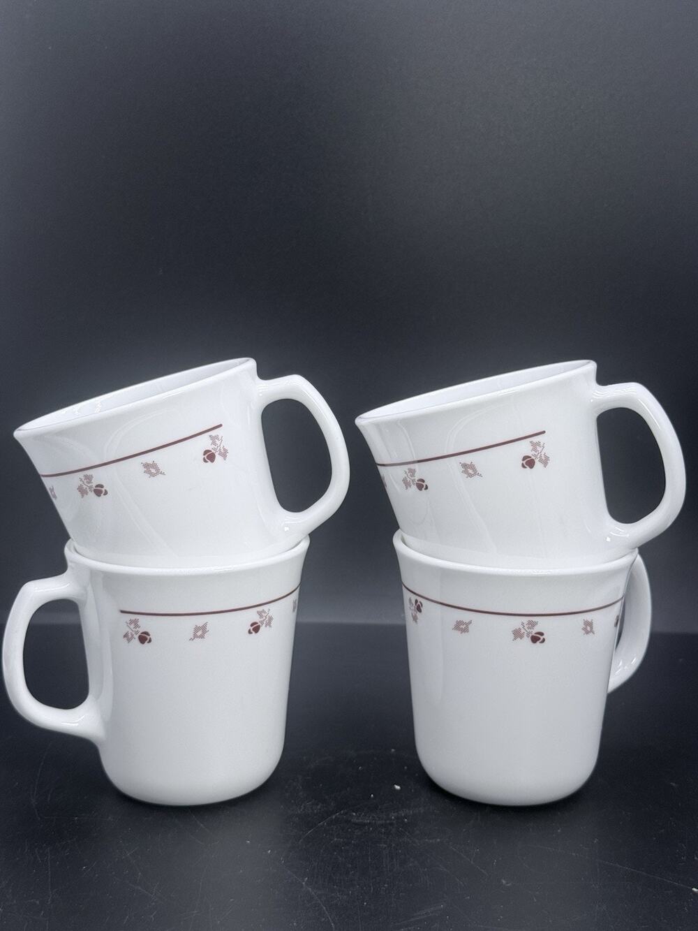 Vintage Corning Ware USA Coffee Mugs Set of 4 White Burgundy Rose Pattern